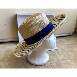 Womans Sun Hat Large Brim Tan & Blue New Classy Beach The Accessory Collection